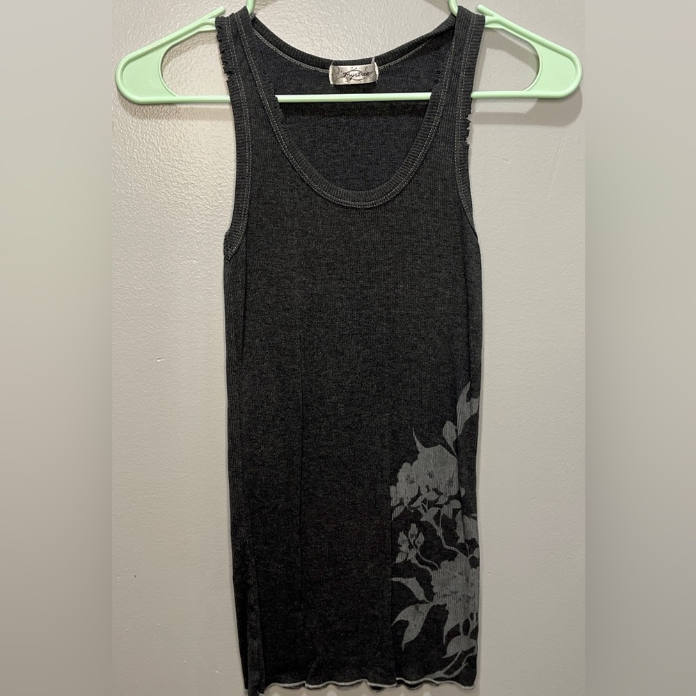 Mystree Dark Grey Ribbed Tank with Flower Design